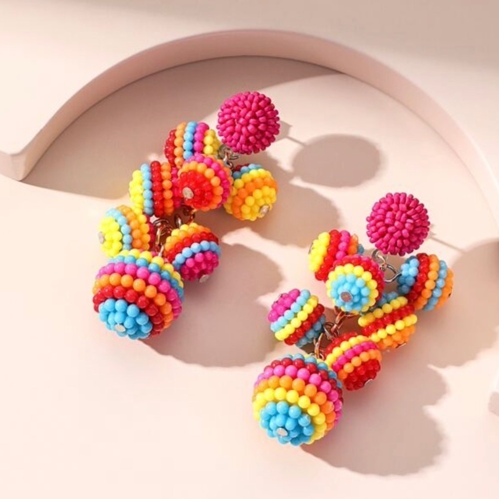 Colorful‎ Beaded Ball Drop Earrings Multicolor Rainbow Festival Boho Resortwear